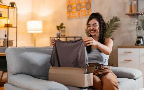 Mujer sonriente desempaqueta una camiseta gris. Espera que las medidas cuerpo sean perfectas.