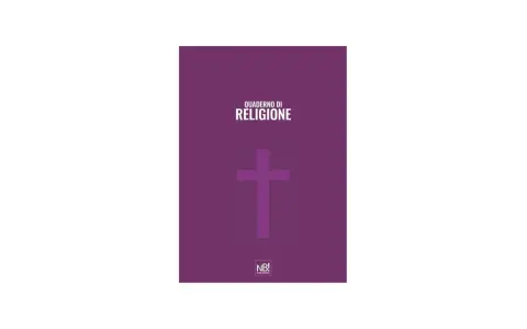 Copertina di religione per le scuole medie, con una croce viola su sfondo viola e il logo NB! Publishing.