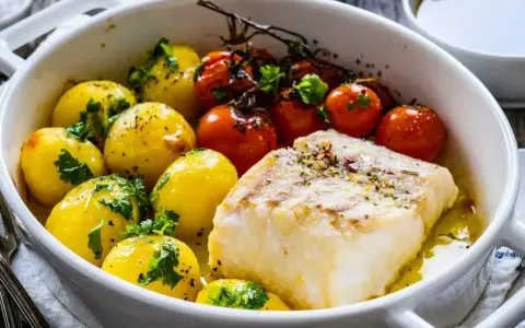 Pieczony filet rybny z ziemniaczkami i pomidorkami. Idealne połączenie, by dowiedzieć się, czym przyprawić rybę.