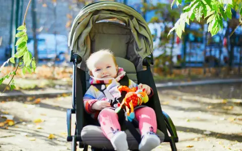 Uśmiechnięte dziecko w kolorowym sweterku siedzi w spacerówce, trzymając zabawkę.