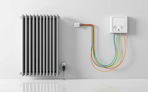 Radiateur argenté avec un branchement radiateur électrique coloré. Un boîtier mural blanc avec prises et câbles arc-en-ciel.