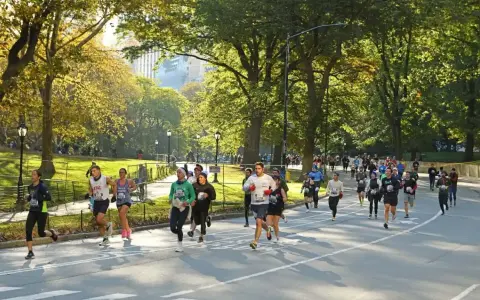 I partecipanti alla maratona di New York corrono lungo un viale alberato in una giornata autunnale, con il sole che filtra tra le foglie dorate.