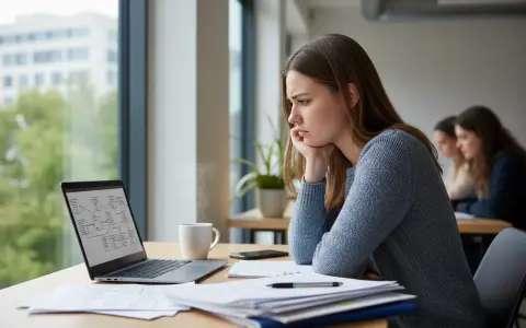 Zamyślona studentka przy laptopie, zastanawia się nad liczbą godzin praktyk na studiach. Dymek z kubka kawy unosi się w powietrzu.