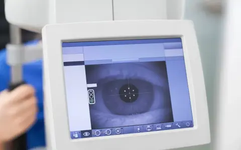 Schermo di un oftalmoscopio che mostra un occhio, con mirini per la diagnosi. Utile per capire come si cura la schisi retinica.
