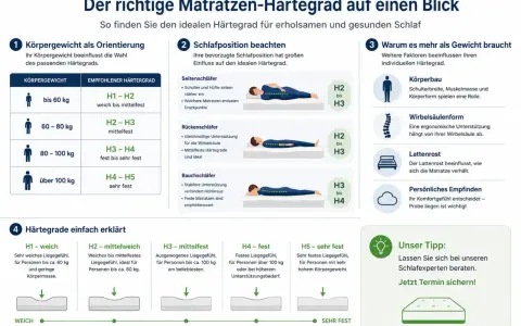 Infografik hilft, die richtige Matratze finden: Körpergewicht, Schlafposition & mehr bestimmen den idealen Härtegrad für Ihren Schlaf.
