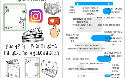 Grafika z elementami do lekcji wychowawczej klasa 7: ikony social mediów, książki, dymki z tekstem o relacjach i emocjach.