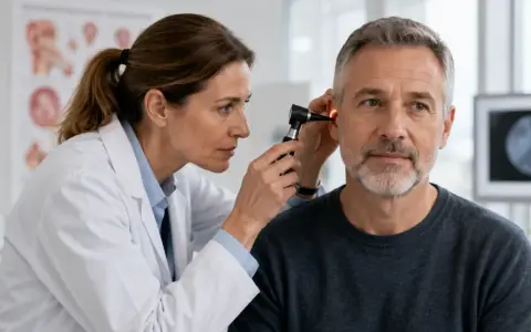Arzt untersucht Ohr eines Mannes mit Tinnitus. Vielleicht hilft Ginkgo.