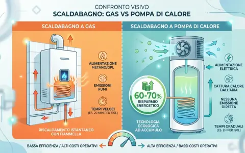 Confronto tra scaldabagno a gas e a pompa di calore. Quest'ultimo, con alimentazione elettrica, offre risparmio energetico e tecnologia ecologica, a differenza dello scaldabagno a gas.