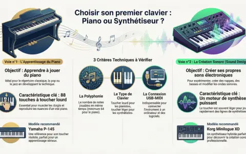 Comparaison entre un piano et un synthétiseur pour débutant, avec leurs caractéristiques et modèles recommandés.