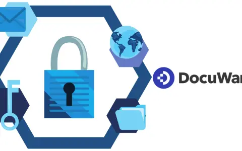 Un coffre fort numérique obligatoire pour sécuriser vos données. Icônes de clé, cadenas, globe, enveloppe et dossier. Logo DocuWare.