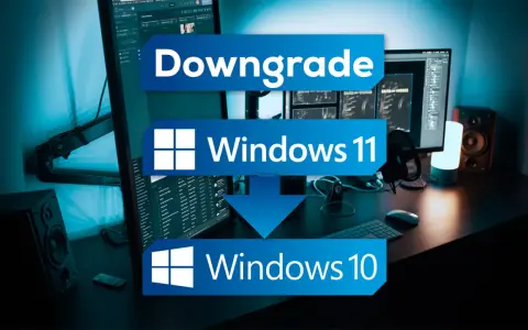 Anleitung: Downgrade von Windows 11 auf Windows 10. Ein Schreibtisch mit mehreren Monitoren und Lautsprechern.