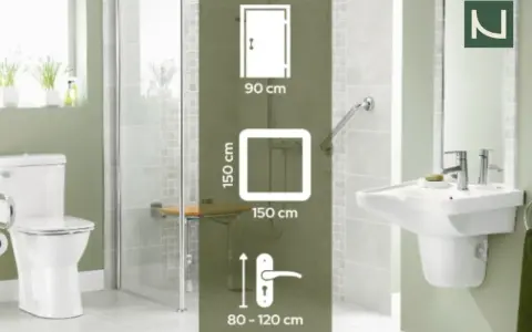 Wymiary łazienki dla niepełnosprawnych: drzwi 90 cm, przestrzeń manewrowa 150x150 cm, uchwyt 80-120 cm.
