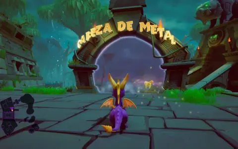 Spyro se acerca a un portal con la inscripción "Cabeza de Metal". El dragón morado está listo para la aventura.