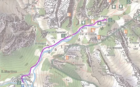 Percorso di trekking Val di Mello: sentiero viola da S. Martino a C.na Piana, passando per Ca' di Rogni e Ca' di Carna.