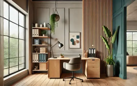 Escritorio moderno con detalles en madera y metal, estanterías, lámpara y plantas.