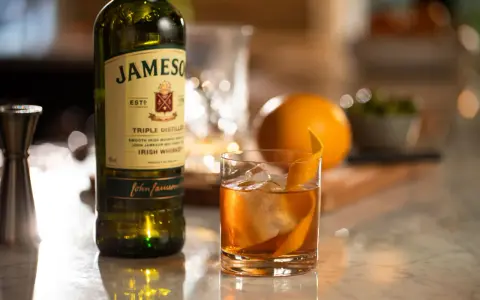 Klasyczny Old Fashioned na bourbonie czy na żytniej whisky? Obok butelka Jameson, szklanka z drinkiem i pomarańcza.