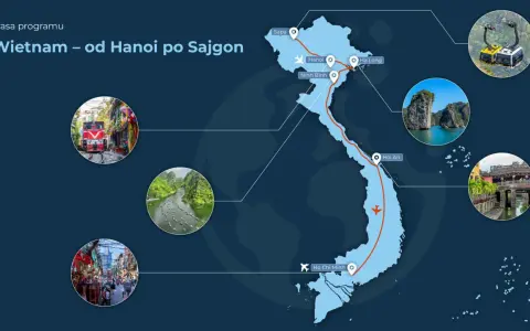 Mapa Wietnamu z trasą od Sapy do Sajgonu. Zobacz Hanoi, Ha Long, Ninh Binh, Hoi An i Ho Chi Minh.