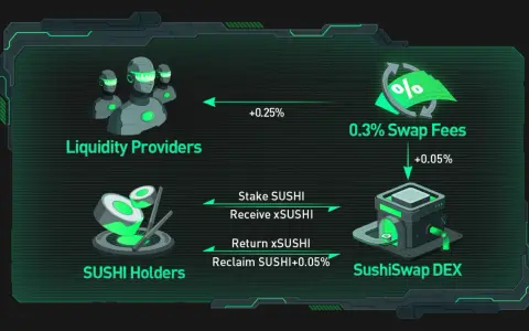Schemat SushiSwap DEX: dostawcy płynności otrzymują 0.25% opłat, posiadacze SUSHI stakują SUSHI, by otrzymać xSUSHI, a SushiSwap DEX pobiera 0.3% opłat.