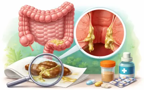 Ingrandimento del colon e dell'ano con secrezioni giallastre. Le feci mostrano muco, suggerendo possibili problemi digestivi. Farmaci in primo piano.