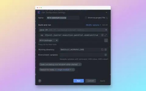 Ustawienia konfiguracji dla kursu Sellenium. Nazwa: "All in selenium-course". Uruchomienie testów.