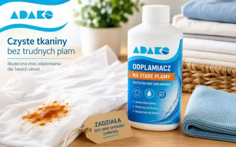 Biała koszulka z trudnymi plamami niewiadomego pochodzenia obok butelki odplamiacza Adako.