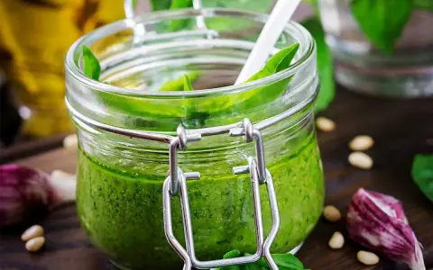 Un pot de pesto ail des ours, vert vif, avec une cuillère blanche, des pignons de pin et de l'ail sur un fond en bois.