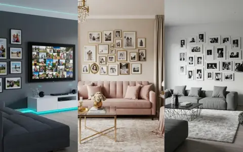 Tres salones modernos decorados con muchas fotos familiares en casa, creando un ambiente cálido y personal.