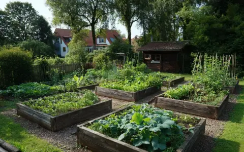 Ein moderner Bauerngarten mit Hochbeeten voller Gemüse und Kräuter. Im Hintergrund ein kleines Holzhaus und Bäume.