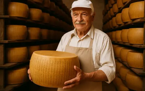 Uśmiechnięty serowar trzyma wielki krąg parmezanu. Czy parmezan jest zdrowy? Ten tradycyjny ser, bogaty w wapń i białko, może być częścią zbilansowanej diety.