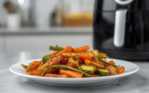 Un piatto di verdure miste, come carote, zucchine e fagiolini, cotte alla perfezione nella friggitrice ad aria, con un contorno dorato e saporito.
