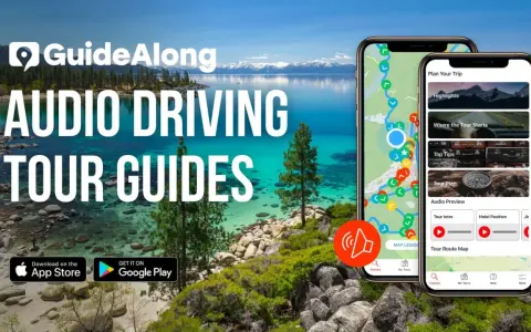 Piękne jezioro Tahoe z górami w tle. Obok dwa telefony z aplikacją GuideAlong - audio przewodniki po trasach, idealne na wycieczkę nad jezioro Tahoe.