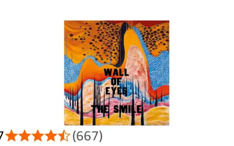 Obraz "Wall of Eyes" zespołu The Smile. Surrealistyczna kompozycja z licznymi oczami na pomarańczowym tle, przypominająca ścianę spojrzeń.