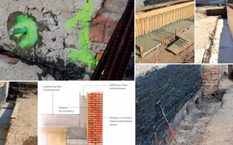 Prace przy wzmocnieniu fundamentów w starym domu: betonowanie, zbrojenie i izolacja. Schemat przedstawia przekrój ławy fundamentowej.