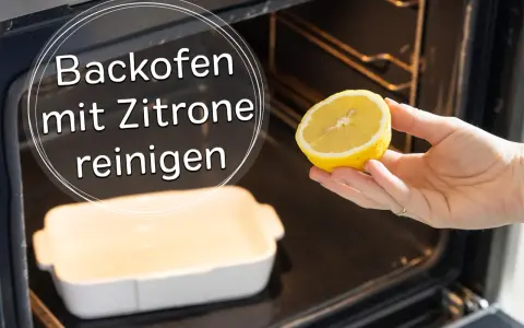 Backofen reinigen mit Zitrone: Eine Hand hält eine halbe Zitrone über eine leere Auflaufform im dunklen Backofen.