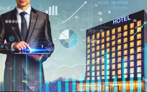 Biznesmen analizuje dane hotelowe na tablecie, widoczne wykresy i budynek hotelu. Skuteczne monitorowanie cen kluczem do sukcesu.