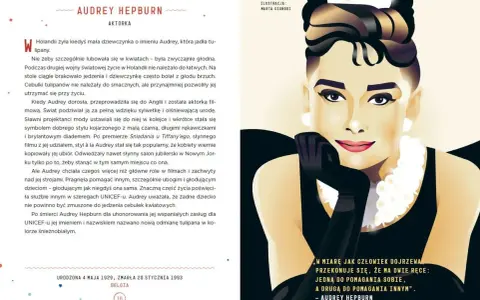 Portret kobiecy wiersz. Ikoniczna Audrey Hepburn w czarnej sukni i białej biżuterii, z cytatem o pomaganiu.