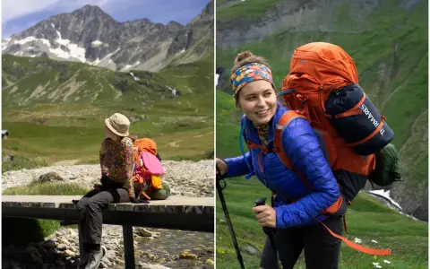 Dwie kobiety w górach, przygotowujące się do trekkingu. Jedna siedzi na moście, druga idzie z kijkami. Widok na szczyty Alp, idealne na tour du mont blanc.
