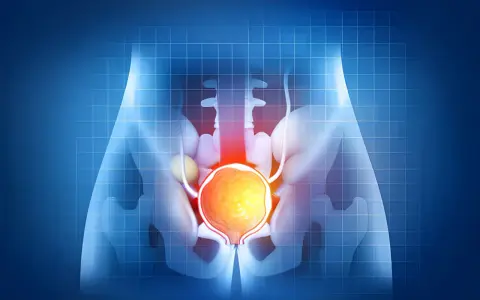 Anatomical illustration of the male pelvic region, highlighting the bladder and prostate. Czy przerost prostaty może się cofnąć?