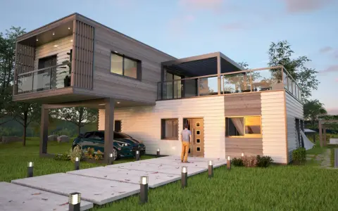Une maison conteneur moderne avec une voiture garée sous un abri, un chemin éclairé et une piscine.