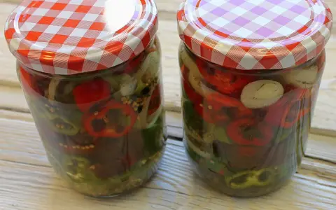 Zwei Gläser mit eingelegten Chilis und Zwiebeln, bereit zum Genießen.