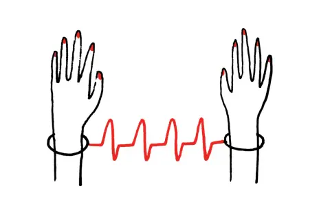 Dwie dłonie z czerwonymi paznokciami połączone linią EKG. Symbolizuje to trudny wybór związany z eutanazją.