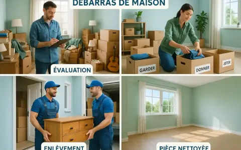 Débarras de maison : évaluation, tri (garder, donner, jeter), enlèvement et pièce nettoyée.
