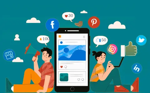 Dos personas interactúan con iconos de redes sociales, un teléfono y un portátil, ilustrando el social media marketing.