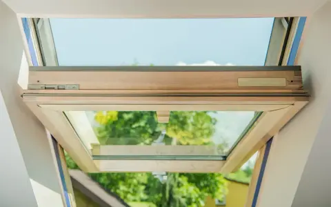 Ventana de madera abierta, mostrando el doble cristal y el mecanismo. Ideal para aprender como poner doble cristal en ventanas de madera.
