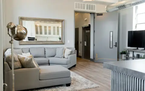 A grey sectional sofa with patterned pillows sits on a rug in a modern living room.