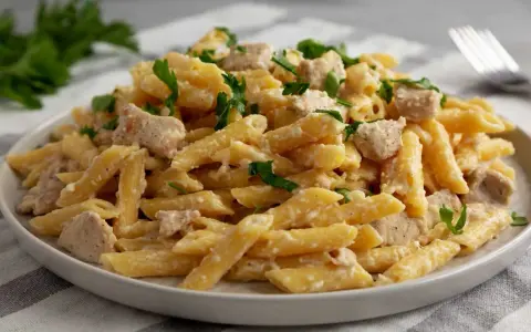 Penne z kurczakiem w kremowym sosie, posypane natką pietruszki. Pyszne danie, które zadowoli każdego miłośnika makaronu.
