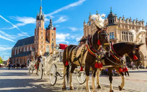 Kraków zaprasza! Konne przejażdżki po Rynku Głównym, podziwiając Bazylikę Mariacką i Sukiennice. To idealne miejsce, by poczuć atmosferę miasta i zobaczyć, co można zwiedzić w Krakowie.