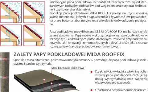 Papa podkładowa MIDA ROOF FIX to innowacyjne rozwiązanie chroniące dach przed przeciekami, wykonane z wysokiej jakości materiałów.