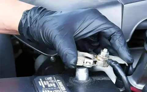 Gloved hand applying WD40 to a car battery terminal to prevent corrosion and ensure a good connection.