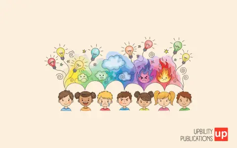 Bambini con espressioni emotive diverse, da gioia a rabbia, con lampadine che rappresentano pensieri e la **dissociazione emotiva** come un arcobaleno di sentimenti.